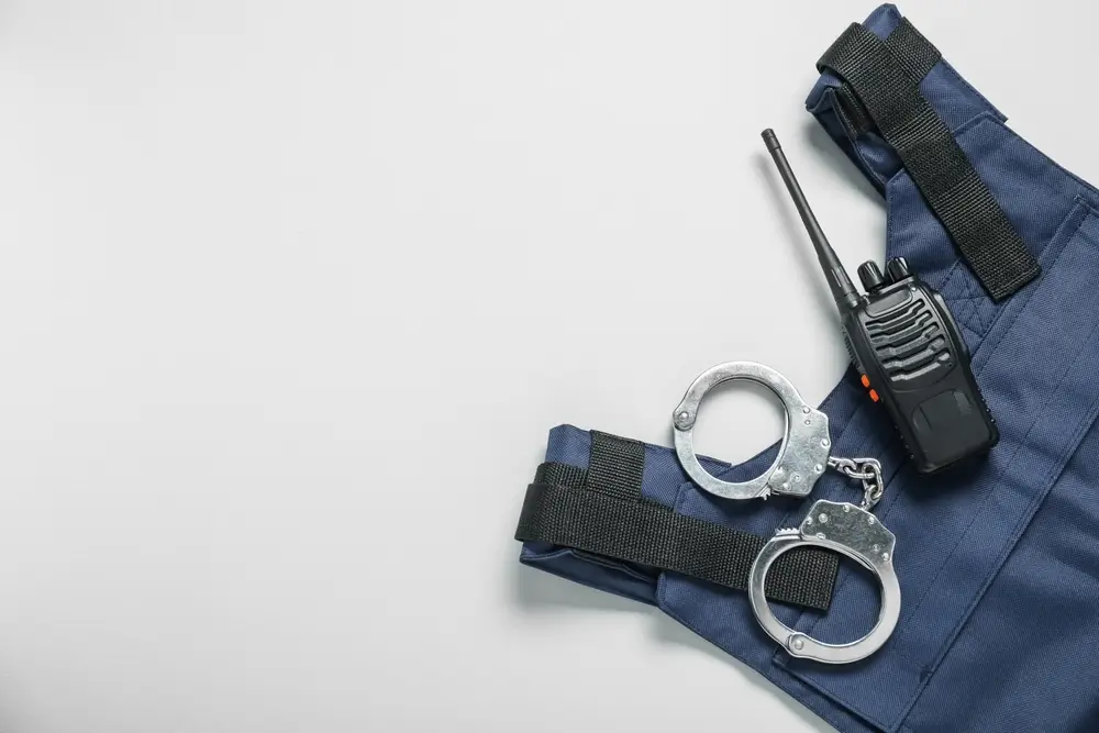Chaleco táctico azul, esposas y radio transmisor sobre fondo blanco, parte del equipo y uniforme de la Policía Nacional.