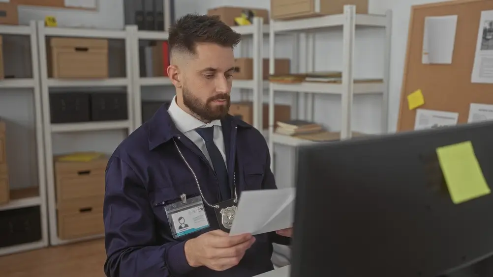 Agente de la Policía Nacional revisando documentos en una oficina para la expedición del DNI.